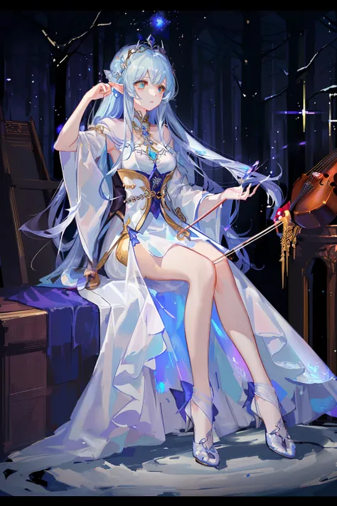 One wearing a white dress、Close-up of woman holding bow in hand, Beautiful and elegant elf queen, from Descent 2, Play the harp in the enchanted forest, Very detailed shot of the goddess, Astral Witch Clothes, (fantasy violin), Complex and gorgeous anime C...