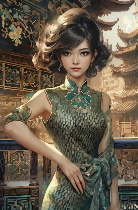 A painting of a beautiful young woman standing quietly, 美しいHongkongの夜景, flower of society, She is wearing an elegant purple cheongsam, Gwaites style artwork, Artjam and Ati Gailan, beautiful character drawings, by Jan J., style art germ, Artjam and Luan Ji...