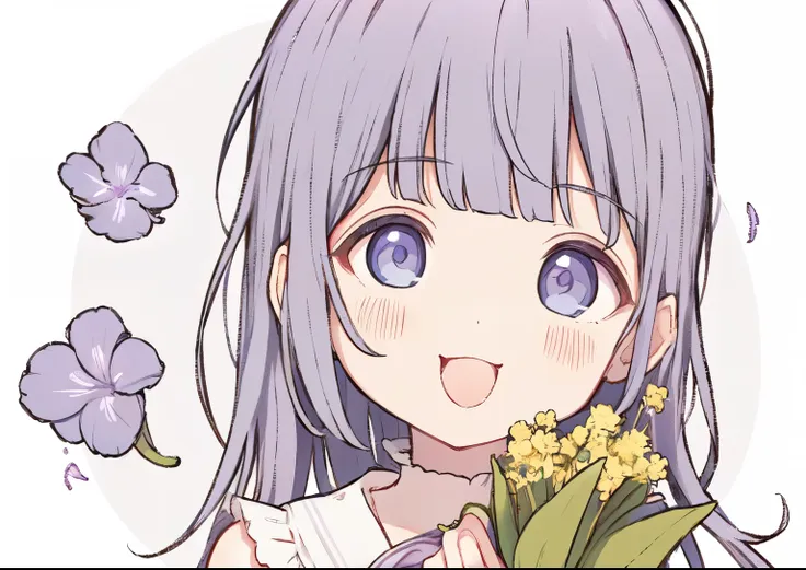 ((best quality)), ((masterpiece)), (detailed), perfect face, anime girl with purple hair holding a bouquet of lavenders, an anim...