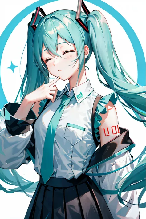 hatsune miku, face, 1 girl, beautiful, 鈍い笑face, アヘface, closed my eyes, white shirt, black pleated skirt,  Sentada, rotate viewer, closed my eyes, long hair back, twin tails,