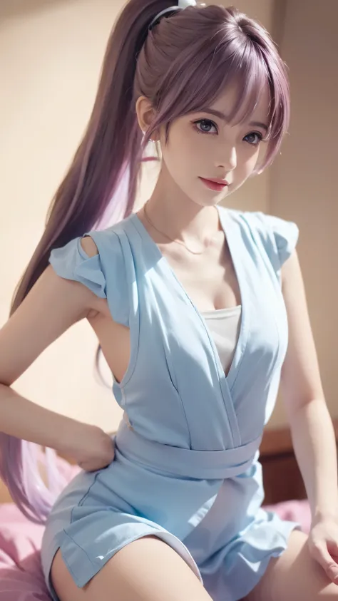 Close-up of a woman wearing a pink vest and skirt, pale milky porcelain skin, fair skin, skin smooth and translucent, anime manga girl, beautiful anime woman, surreal sweetness, white color hair , high ponytail colorful eyes, pale porcelain white skin, smo...