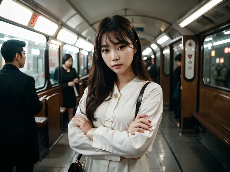 Cinematic Photo of a beautiful korean fashion model bokeh train
