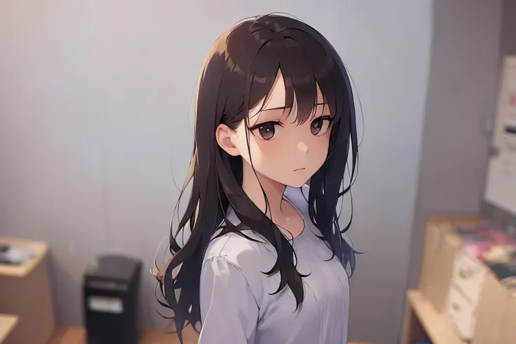 (looking away:1.5), (slim body:1.5), (small breasts:1.5), dutch angle、Realistic, real person, RAW photo, photorealistic, portrait photography, shiny skin, japanese idol, 25 year old woman、(messy hair:1.3), (medium hair) and (brown hair) and (brown eyes), w...