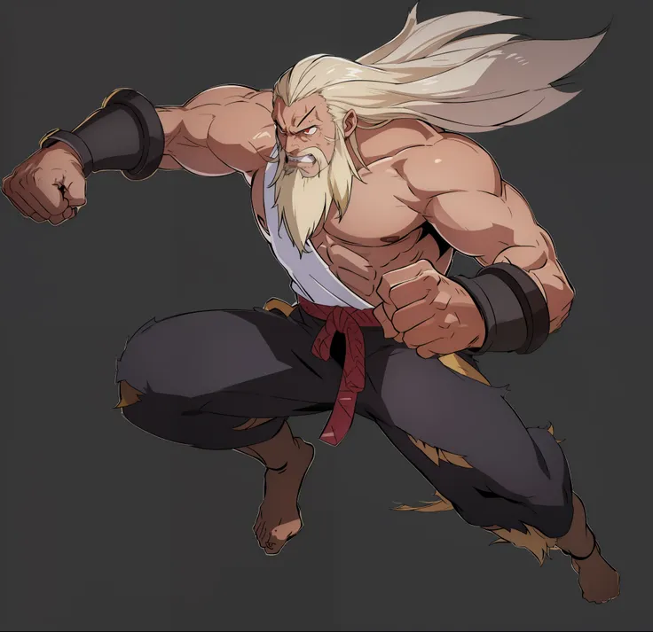 handsome uncle with long blond hair，blonde，long golden beard，muscles all over the body，punch your fist，angry eyes，red eyes，tooth...