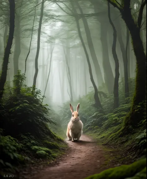 Close-up photo of rabbit in magical forest,  in the forest,  , volumetric fog, Hello, bloom, dramatic atmosphere, center, Rule of thirds, 200mm 1.4f macro photography