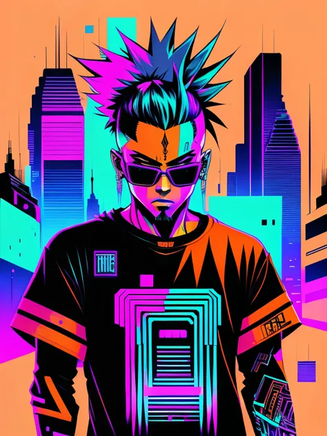 cyberpunk asthetic, graffiti inspired, neon colors, neo tokyo, futuristic, vector art, t-shirt design