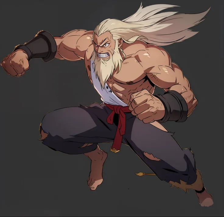 handsome uncle with long blond hair，golden eyebrows，blonde，long golden beard，muscles all over the body，punch your fist，angry eye...