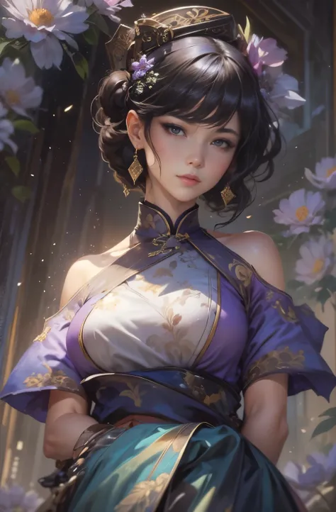 A painting of a beautiful young woman standing quietly, 美しいHongkongの夜景, flower of society, She is wearing an elegant purple cheongsam, Gwaites style artwork, Artjam and Ati Gailan, beautiful character drawings, by Jan J., style art germ, Artjam and Luan Ji...