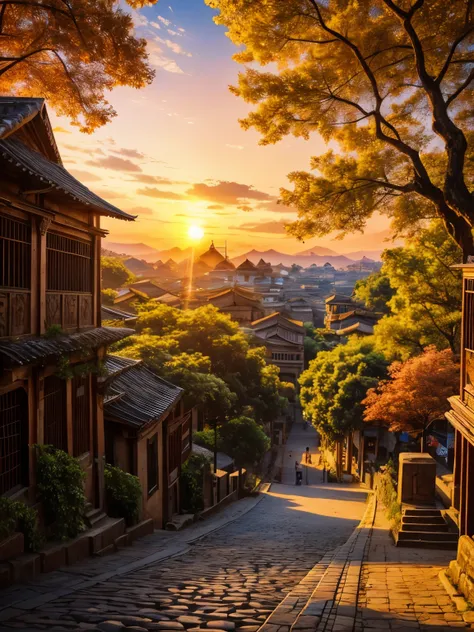 Ancient City at Sunset,A spellbinding vista where pristine nature meets humanity; a bustling multicultural city square, its leaves turning gold at sunset, symbolizing the enduring power of nature amidst modernity, resonating universally with awe and admira...