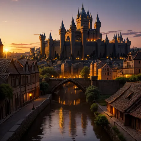 Ancient City at Sunset,An ancient city basked in the soft glow of twilight. The skyline is punctuated by (an imposing, yet elegant castle:1.45), its towers reaching towards the sky, bathed in the last rays of the sun. Cobblestone streets wind through the c...