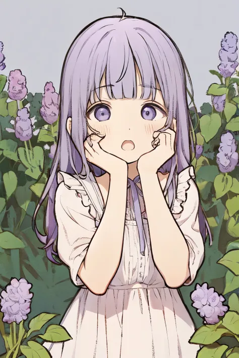 ((best quality)), ((masterpiece)), (detailed), perfect face, anime girl with purple hair around of garden of lavenders, an anime...