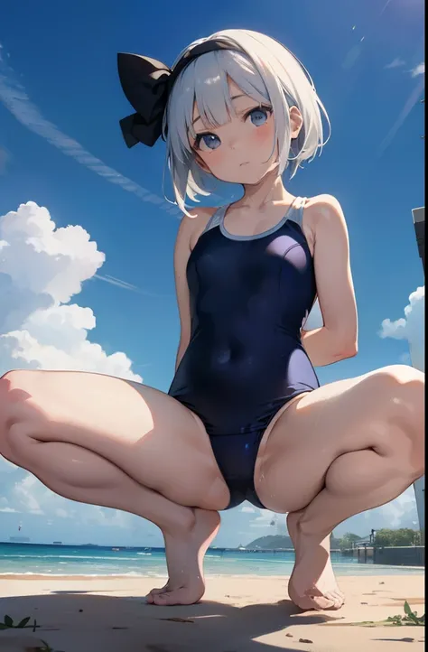 school swimsuit、Youmu、squatting down、between legs、spread legs、barefoot、