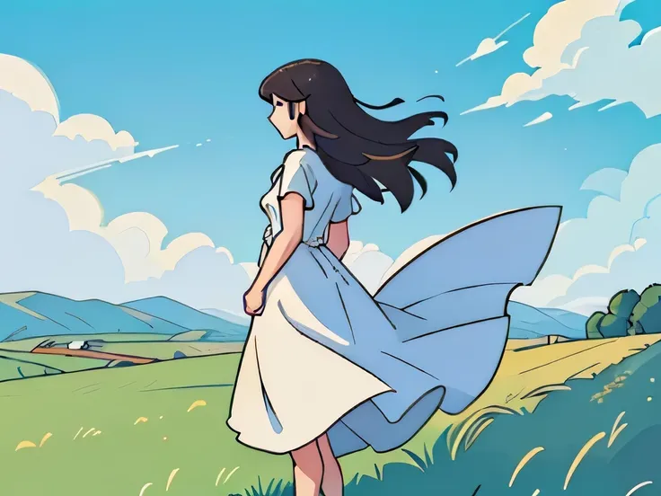 side view illustration of a tall girl wearing a dress standing in a grassy field, wind is blowing her dress view from far away