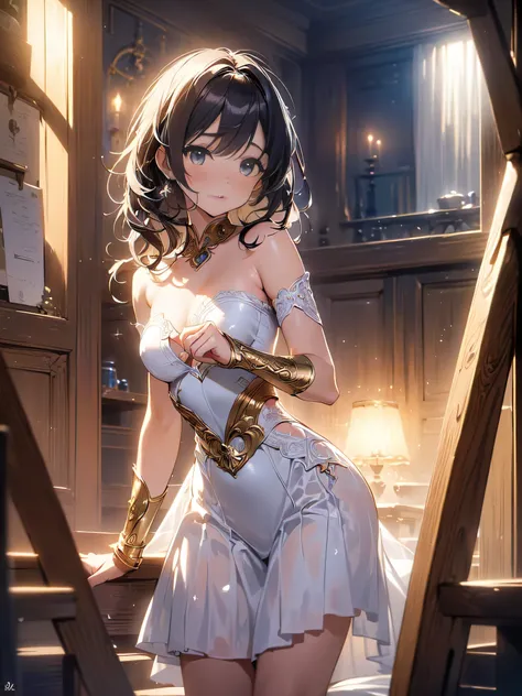 all intricate details: "((Obra maestra+La mejor calidad+High resolution),(dreamy atmosphere+ lighting),(1 character),(Mysterious expression+Pose elegante),(cabello suelto+ojos brillantes),(magic costume+Detalles delicados))"