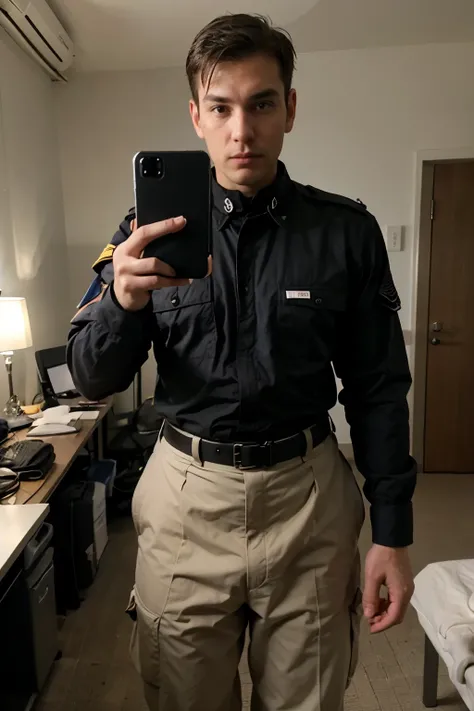 7 foot tall special forces agent in black military uniform selfie