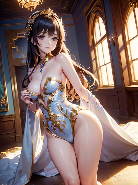 all intricate details: "((Masterpiece, Best quality, High resolution), slim build, (dreamy atmosphere, Soft lighting),(1 character),(Mysterious expression, Elegant Pose),(loose hair, bright eyes),(magic costume, Delicate details))"