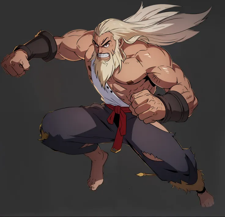 handsome uncle with long blond hair，golden eyebrows，blonde，long golden beard，muscles all over the body，punch your fist，angry eye...