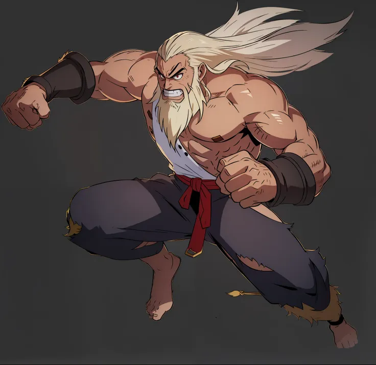 handsome uncle with long blond hair，golden eyebrows，blonde，long golden beard，muscles all over the body，punch your fist，angry eye...