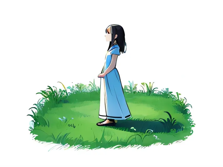 side view illustration of a girl wearing a long dress standing in a grassy field, standing straight