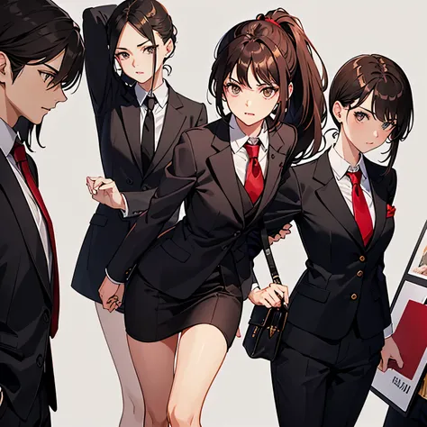 Dark brown hair　dark brown eyes　black suit　small breasts　Red tie　front　black bag　ponytail