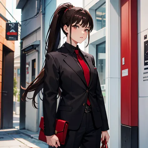 dark brown hair　dark brown eyes　black suit　small breasts　red tie　front　Black bag　ponytail　20th generation