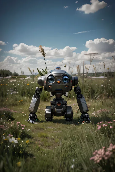 
single broken down cute little robot,covered in grass and flower,surrounded by weeds,gorgeous dramatic scene,dark color,digital art,upscales-imagine, bleck & white