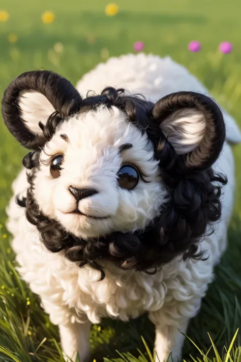 (high quality,realistic,paint,3D rendering),(black face:1.1,detailed eyes:1.1),(sheep:0.9,wool:0.9),fluffy,playful,curly,happy expression,long eyelashes,tiny ears,spherical body,lush grass background