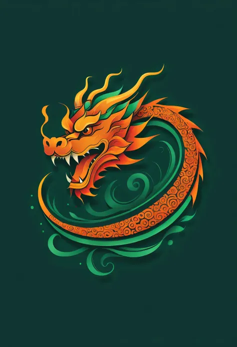 sketch style, simple orange-red negative space on dark green background, imaginative and cute, chinese dragon, flat, vector, cli...