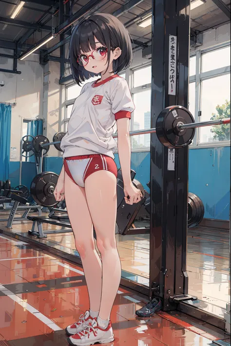 (from side:0.7),(masterpiece:1.2),best quality,illustration,beautiful detailed girl, (petit:1.3),(:1.4),8 years old girl wearing (red buruma:1.2) and (gym uniform:1.2) standing in athletic room,small breasts,looking at viewer,full body,tachi-e, (jyoful,hap...