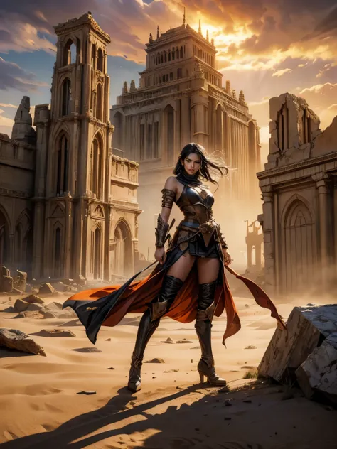 Ancient City at Sunset,Best quality,masterpiece,ultra high res,1girl,beautiful_face,detailed skin,gu,dragon,full body,weapon,black hair,holding weapon,blood,arm guards,male focus,looking at viewer,black eyes,tabi,floating hairfull body,orange,hands up,(mas...