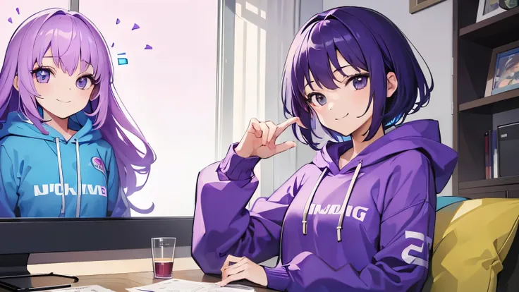 (T Masterpiece，4k wallpaper，best quality))、((girl１people))、(solo)、Brilliant，(purple hair)、(shortcut:1.3)、smile、room、hoodie、Relaxing