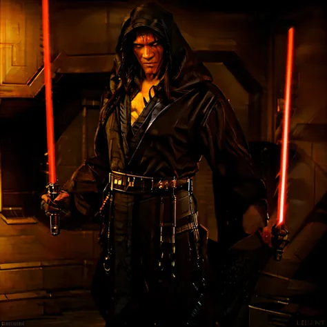 darth de sade, (male), (1male), sith, sith lorr, sith outfit, red lightsaber in hand, (centered), looking at camera, yellow eyes...