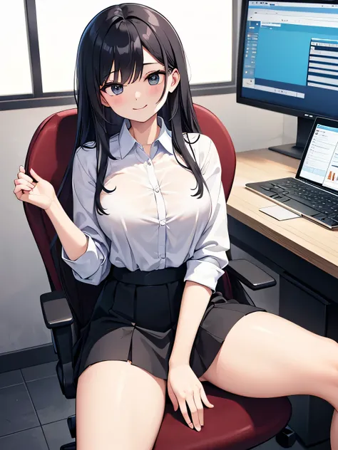 (1) A woman sits alone in an office chair, her skirt is short、Red panties are almost visible. Her legs are closed, but you can see the ▽ zone between her skirt and thighs..
(2) woman wears a black suit.
(3) that woman has long black hair.
(4) She is 28 yea...