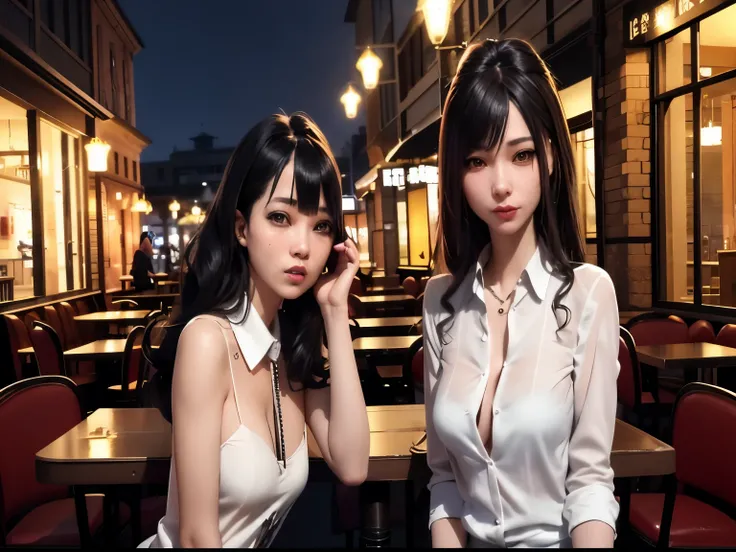 Two women sitting at a table in a restaurant，Hold the phone, Popular topics on cgstation, Realistic anime 3D style, Two beautiful anime girls, cgstation trends, guweiz style artwork, beautiful sci - fi twins, anime realism style, Realistic anime art style,...