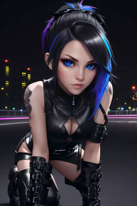  beautiful girl, full body, short bright blue neon streaked dishevelled hair, ((realistic highly detailed eyes:1.4)), ((seductive pose:1.2)), black eyeshadow, (street style wear:1.2), ((tight fitted short pants)), ((thigh high leather boots:1.3)), (dark ci...