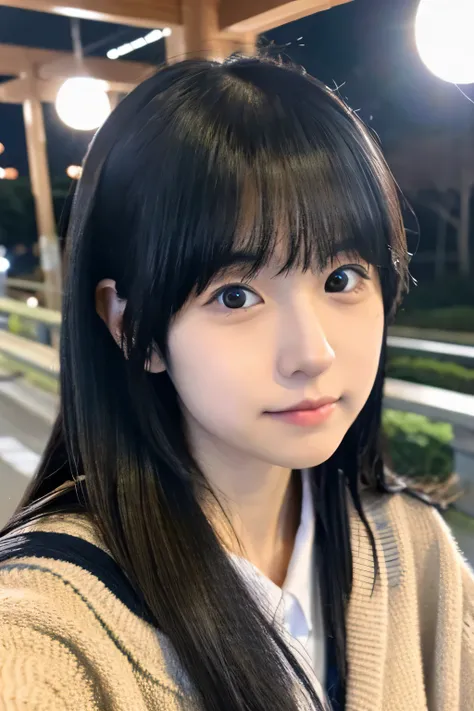 cardigan,long hair,reality,Self snap,Japan, Female college student, black hair, round eyes, round face, cute, 8K,midnight