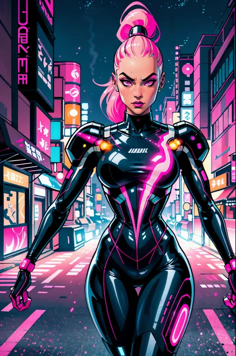 (best quality, masterpiece) scifi, futuristic, raw photo, 1girl with sexy laces clothes, (pink glossy hair) angry look, ultrasha...