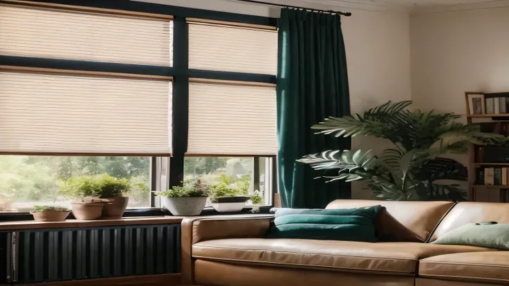 Close-up of sofa in living room with window, Award-winning shadows, natural Window lighting, soft glowing windows, perfect shade, author：James of Utrecht, Soft light shines through the honeycomb curtains, With natural light as background, Window lighting, ...