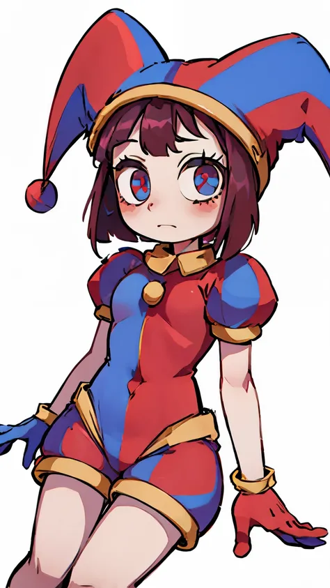 1girl,pomni,jester cap, gloves, puffy short sleeves, red eyes and blue eyes, striped,