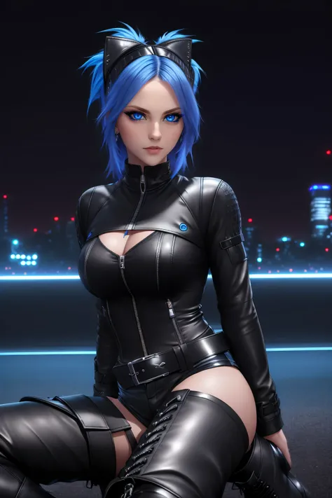  beautiful girl, full body, short bright blue neon streaked dishevelled hair, ((realistic highly detailed eyes:1.4)), ((seductive pose:1.2)), black eyeshadow, (street style wear:1.2), ((tight fitted short pants)), ((thigh high leather boots:1.3)), (dark ci...