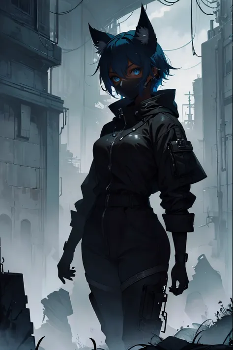 8k, best quality, masterpiece, ultra high resolution, underground in a cyberpunk fantasy world, girl, (short length hair,) blue ...