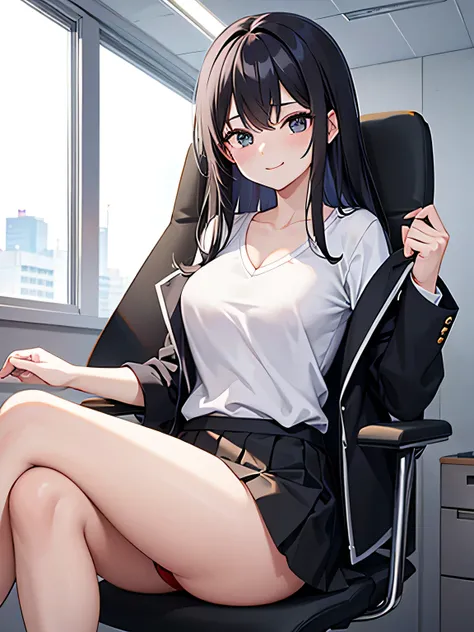 (1) A woman sits alone in an office chair, her skirt is short、Red panties are almost visible. Her legs are closed, but you can see the ▽ zone between her skirt and thighs..
(2) woman is wearing a black blazer, Inner: black tight skirt and white V-neck T-sh...