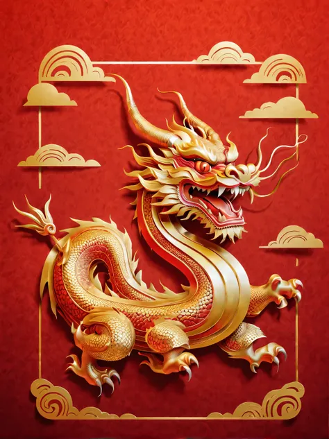 Sketch style, Simple golden negative space on Chinese red background, Smiling happily and cutely, Minimalist Chinese dragon walking, dynamic action, golden english thin line "Marine art" Width, "Marine art."
flat, vector, clip art, Greg Staples style, Opat...