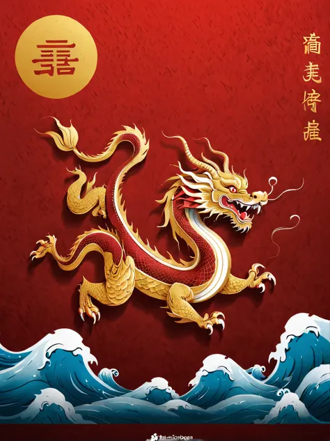 Sketch style, Simple golden negative space on Chinese red background, Smiling happily and cutely, Minimalist Chinese dragon walking, dynamic action, golden english thin line "Marine art" Width, "Marine art."
flat, vector, clip art, Greg Staples style, Opat...