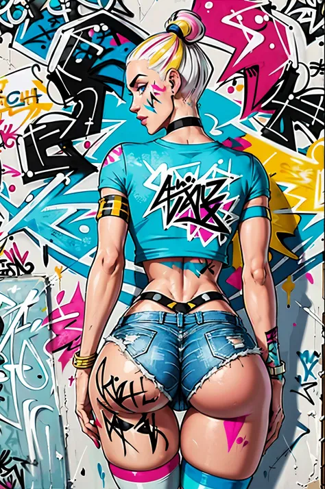 masterpiece, best quality, 25 years old beautiful woman, long hair, (mature face:1.4), 1woman, solo, crop top, denim shorts, choker, (from behind:1.4), plumb ass, thick thighs, thin waist, (graffiti:1.5), paint splatter, arms behind back, against wall, loo...