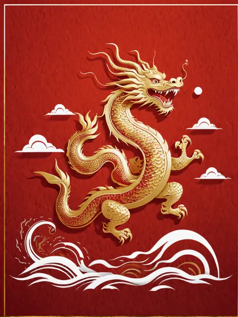 Sketch style, Simple golden negative space on Chinese red background, Smiling happily and cutely, Minimalist Chinese dragon walking, dynamic action, golden english thin line "Marine art" Width, "Marine art."
flat, vector, clip art, Greg Staples style, Opat...