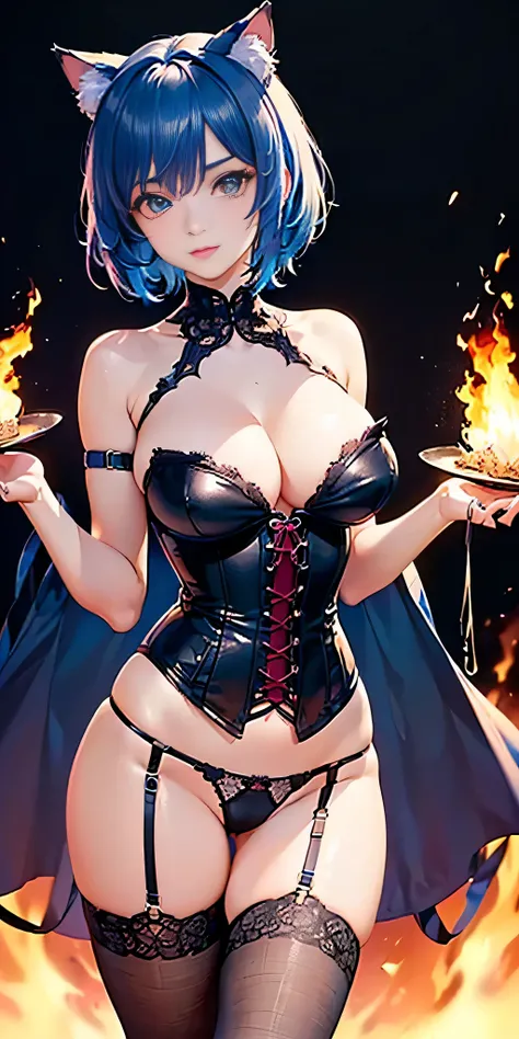 Intricate details: "((a sexy animated lady poses in revealing clothes while in fire-lit fantasy setting, firm breasts, 1girl 18 years old, animal ears, short hair, panties, black panties, underwear, cat ears, looking at viewer, thighhighs, cleavage, corset...