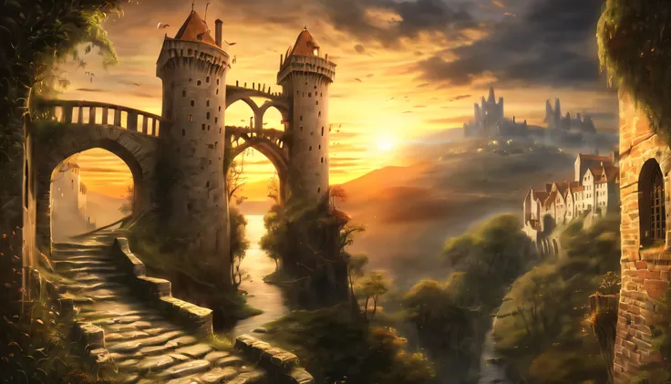 Another world to a world of dark fantasy and wonder, Quaint, An ancient castle surrounded by a charming ancient medieval city, A picturesque castle awaits, Against the backdrop of a stunning sunset, The warm hues of the setting sun are in the corner々illumi...