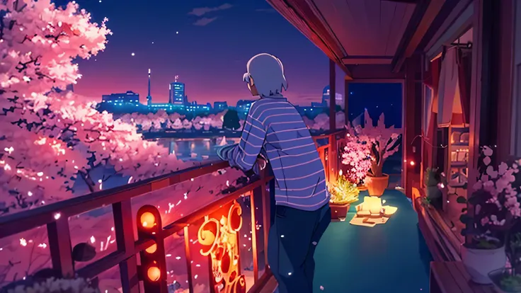 Ghibli anime sea, beautiful anime scene, atmospheric anime, slice of life anime, cherry blossom in full bloom, night view