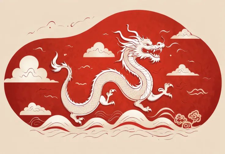 sketch style, simple golden negative space on chinese red background, smiling happily and cutely, minimalist chinese dragon walk...